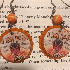 Handmade Orange bottle cap devil kitsch earrings